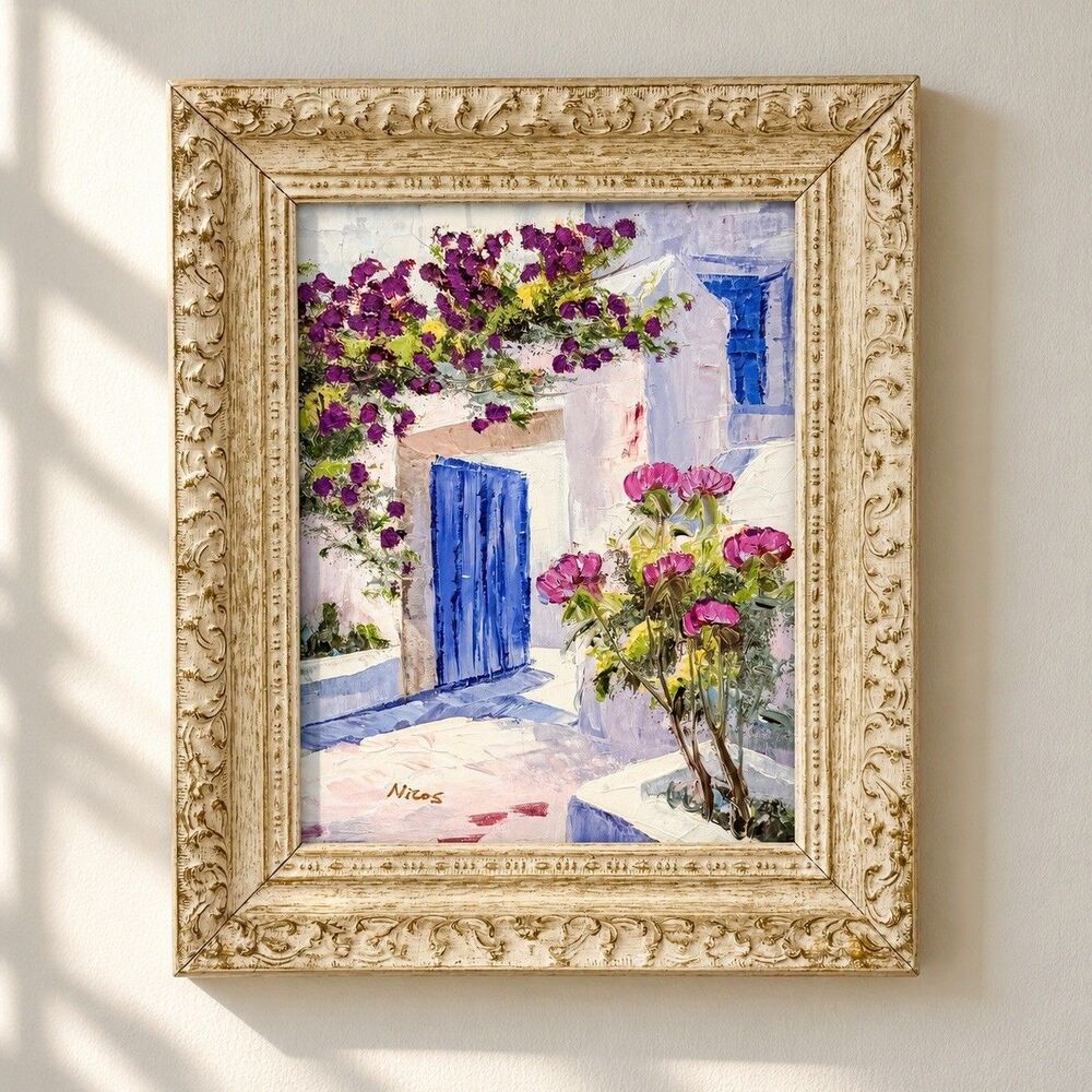 Original Oil Painting Santorini Greece Villa Flowers Signed Framed Impasto Art